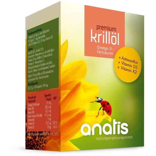 anatis Naturprodukte Krilno olje + astaksantin + vitamin D - 80 kaps.
