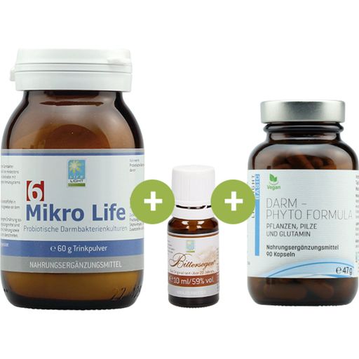 Life Light Sada na podporu trávení - 60 g MikroLife 6 střevních bakterií, 90 kapslí Střevní Phyto Formula, 10 ml Bittersegen
