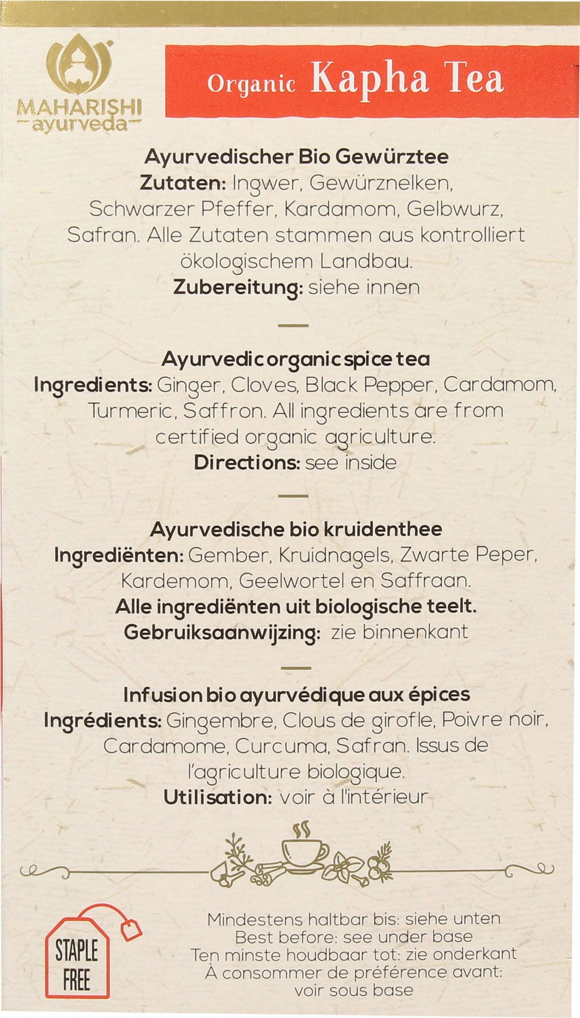Maharishi Ayurveda Luomu Kapha tee - 15 pussia