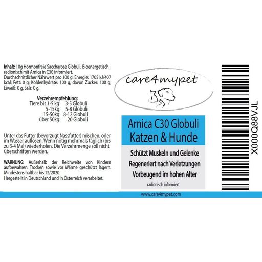 Care4mypet Arnica C30 Globules - Chiens et Chats - 10 g