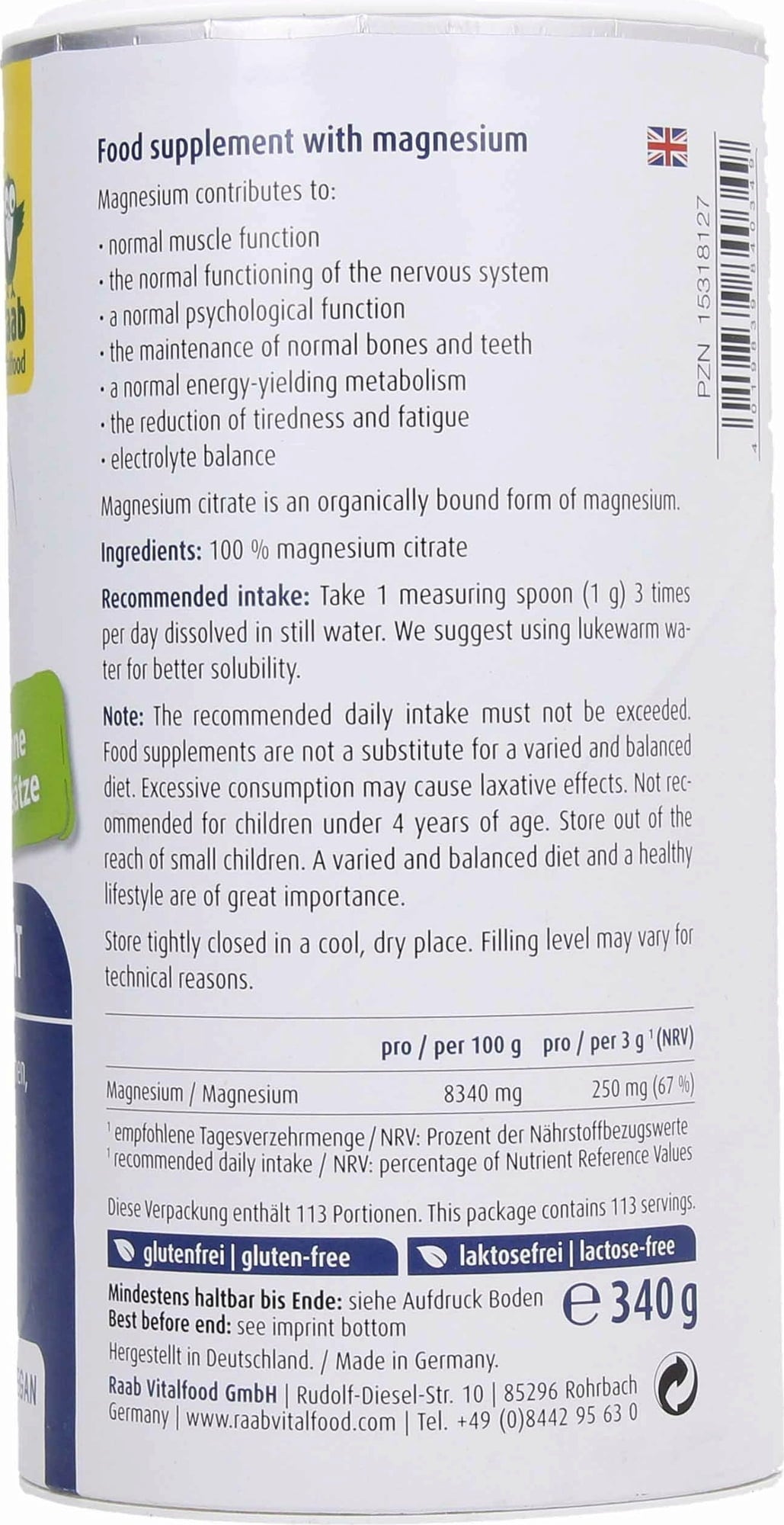 Raab Vitalfood Magnesiumcitrat Pulver - 340 g
