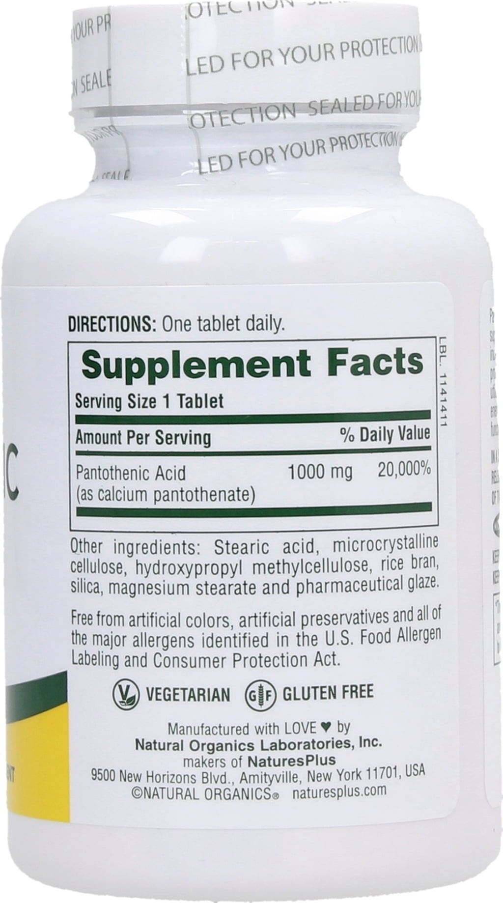 Nature's Plus Pantothenic Acid 1000 mg S/R - 60 Tabletter