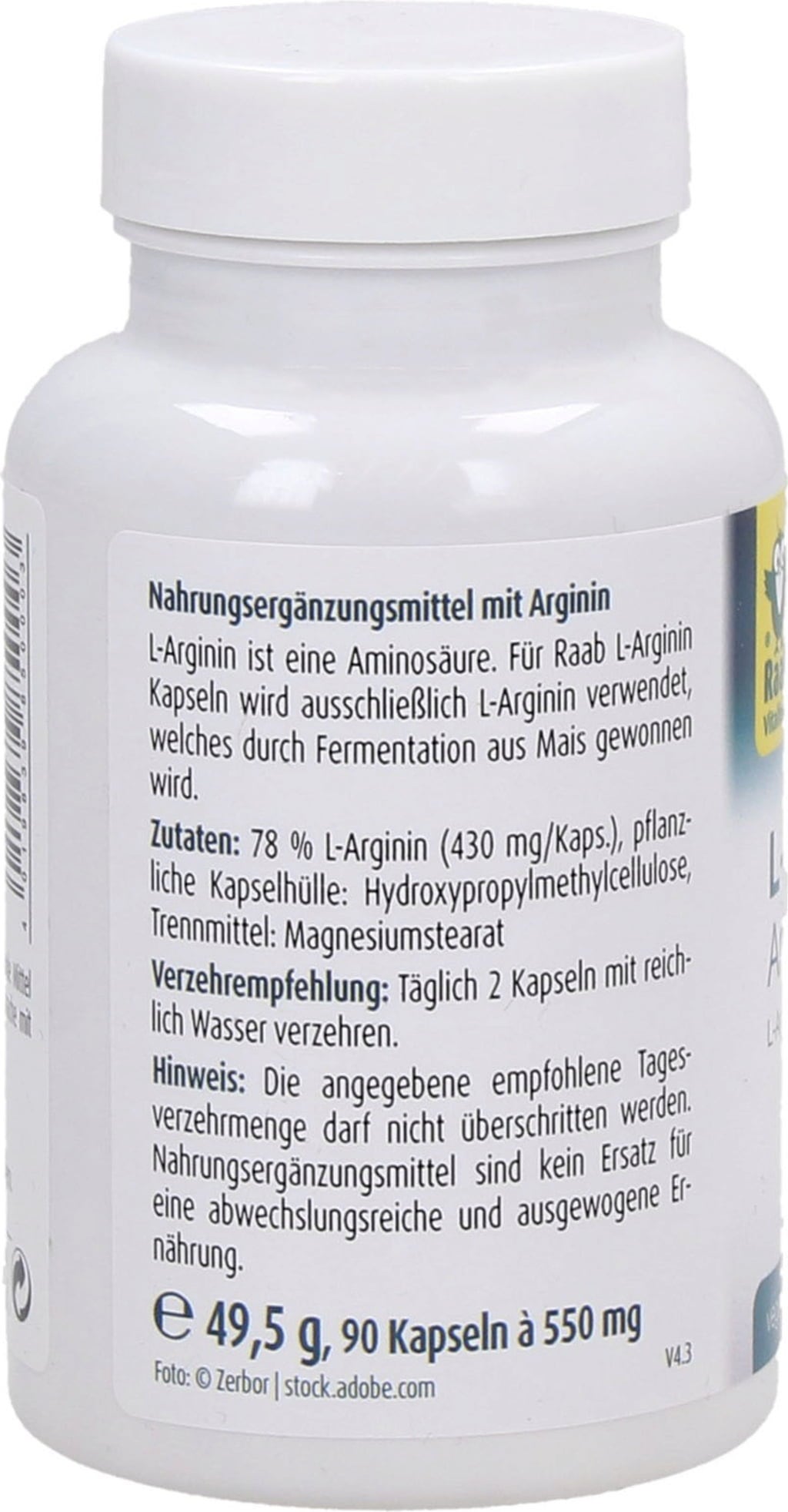 Raab Vitalfood L-Arginina 430 - 90 Cápsulas