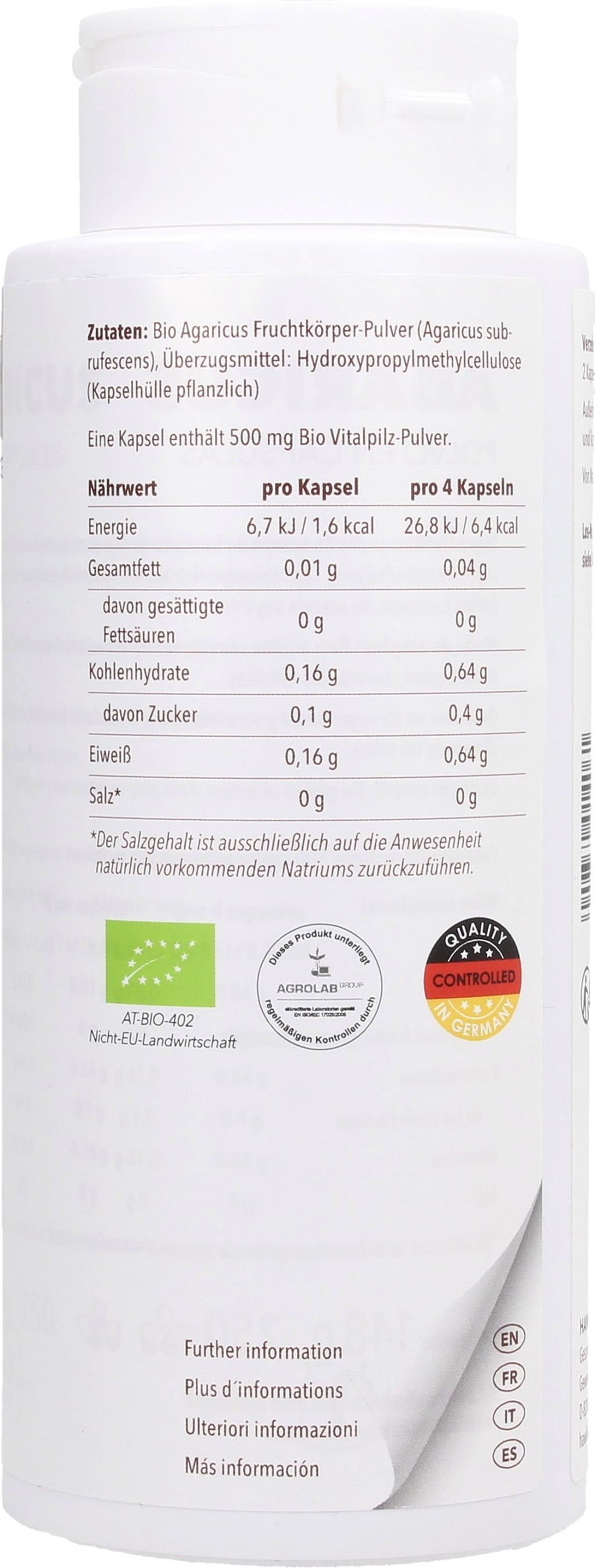 Hawlik Agaricus Powder Capsules Organic - 250 capsules