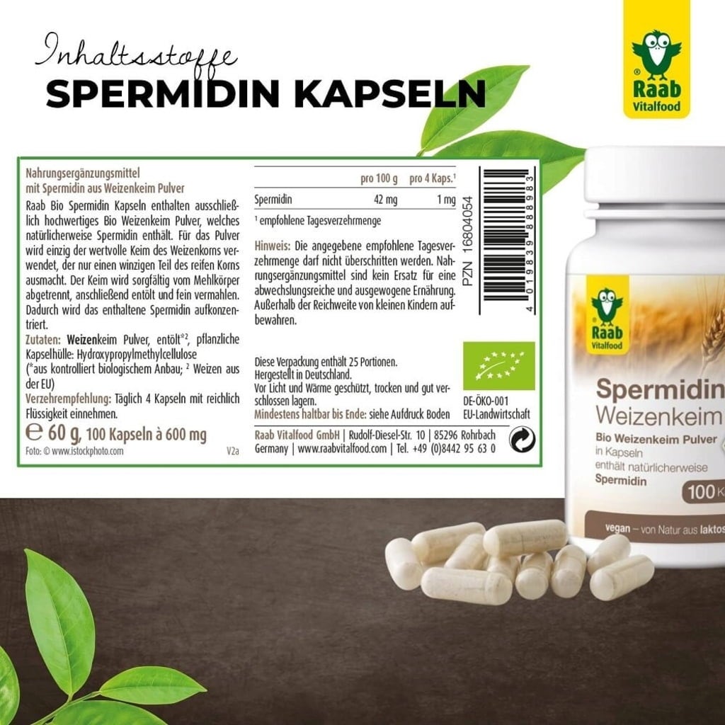 Raab Vitalfood Spermidiini vehnänalkiokapselit, luomu - 100 kapselia