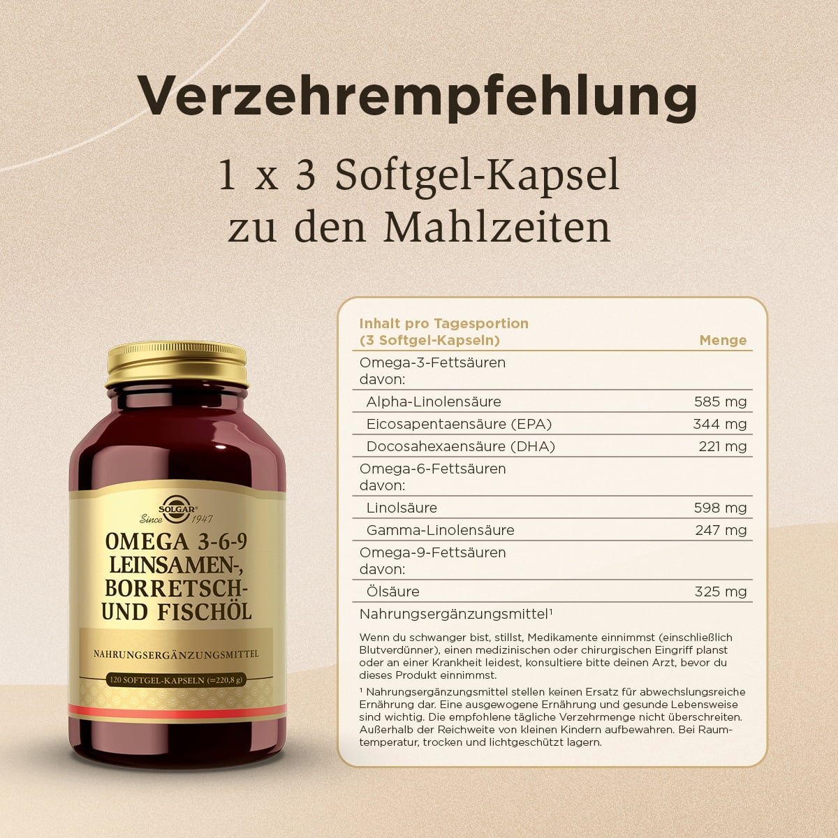 Omega 3-6-9 Leinsamen-, Borretsch- und Fischöl - 120 Softgels
